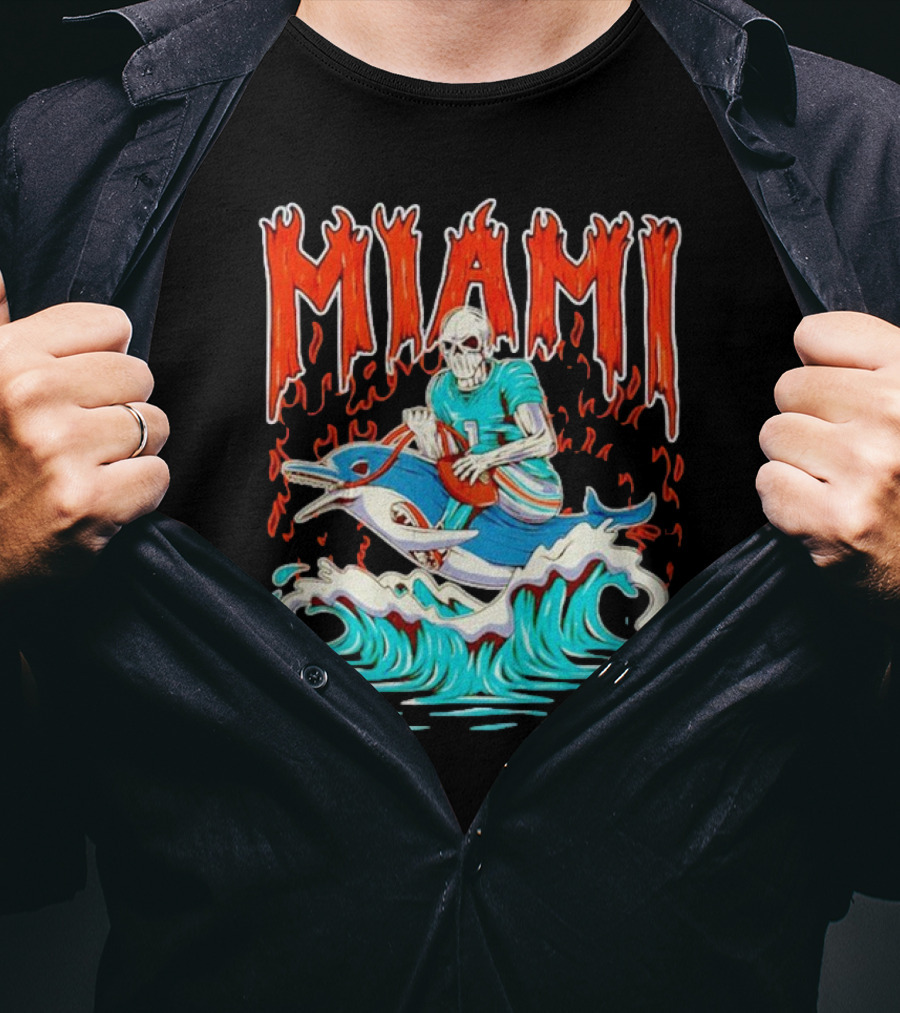 MIAMI Skeleton Riding Dolphin With Football And Flames T-Shirt