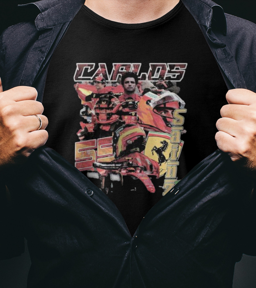 Carlos Sainz Jr Ferrari Racing Inspired Collage With Car Number 55 T-Shirt