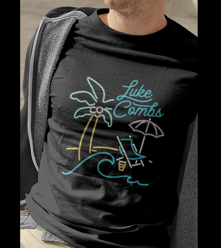 Luke Combs Neon Palm Tree Beach Scene With Umbrella And Chair T-Shirt