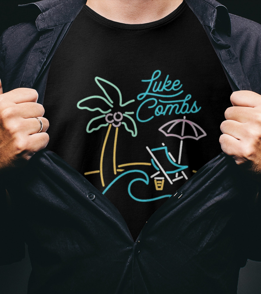 Luke Combs Neon Palm Tree Beach Scene With Umbrella And Chair T-Shirt