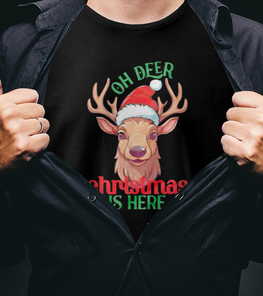 Oh Deer Christmas Is Here Festive Reindeer Santa Hat T-Shirt