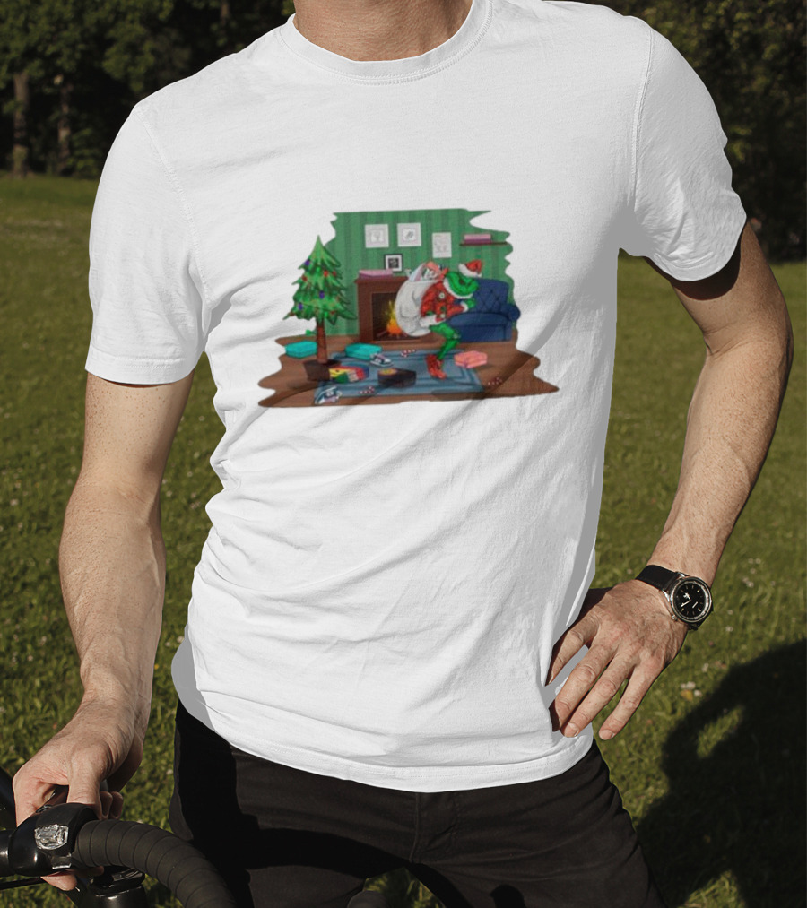 Grinch In Santa Outfit Stealing Presents By The Christmas Tree T-Shirt