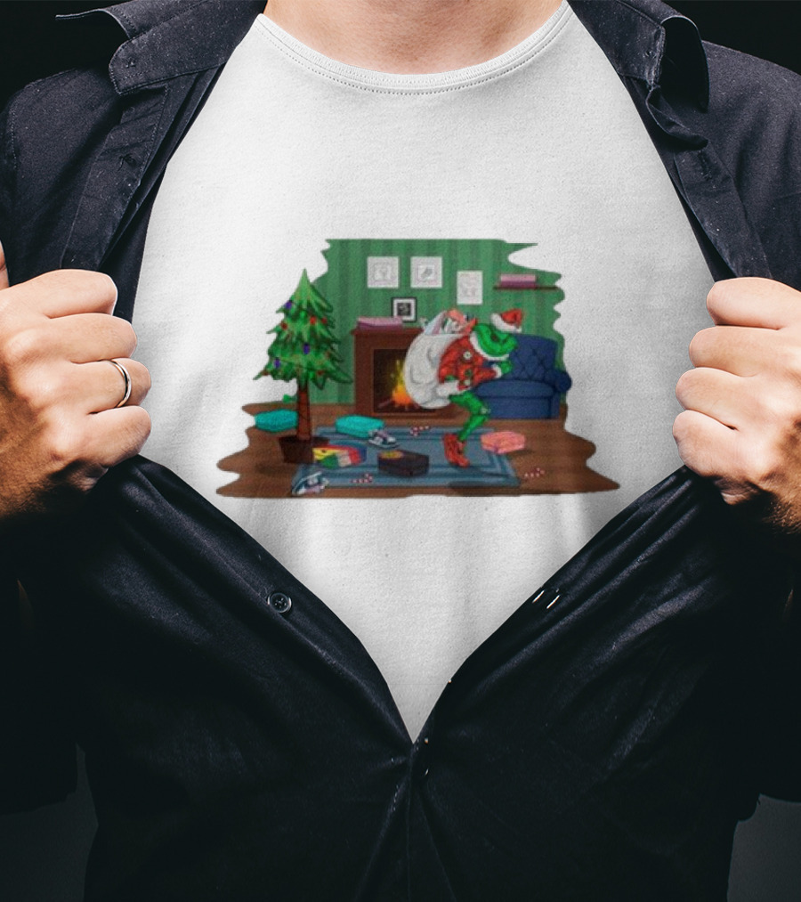 Grinch In Santa Outfit Stealing Presents By The Christmas Tree T-Shirt