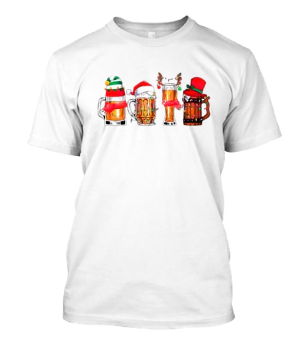 Christmas Beer Mugs Santa Hat And Holiday Decorations T-Shirt