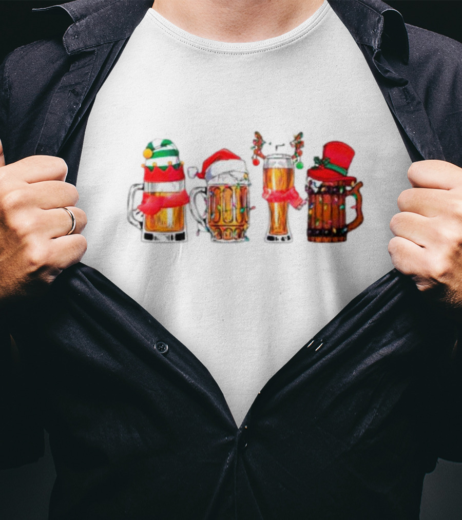 Christmas Beer Mugs Santa Hat And Holiday Decorations T-Shirt
