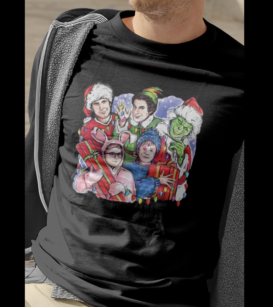 Christmas Friends Movie Character Santa Elf Grinch Pink Bunny T-Shirt