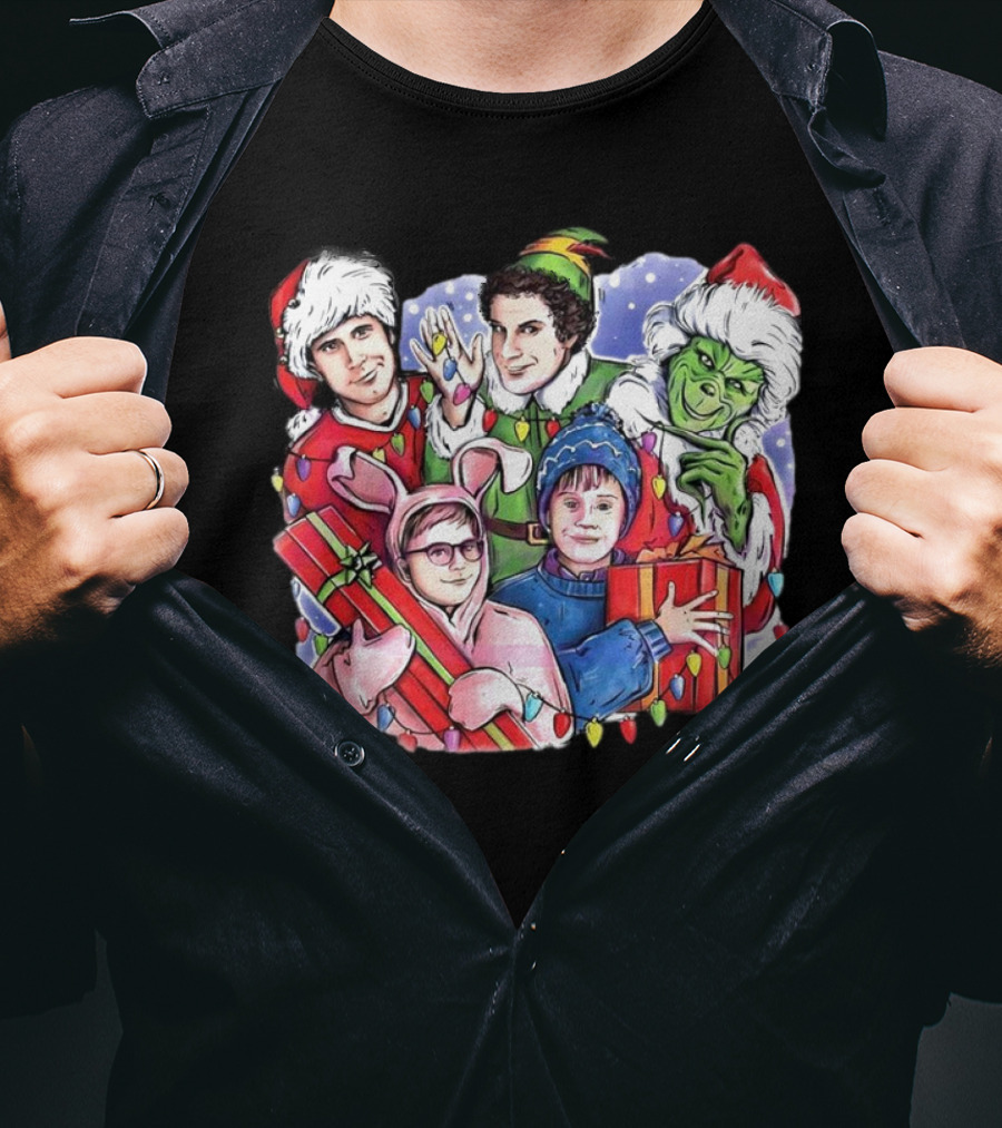 Christmas Friends Movie Character Santa Elf Grinch Pink Bunny T-Shirt