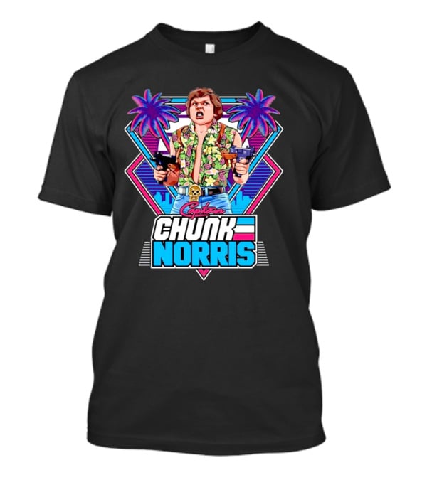 Captain Chunk Norris Retro Miami Vice Styled Character With Dual Pistols And Neon Palm Trees T-Shirt