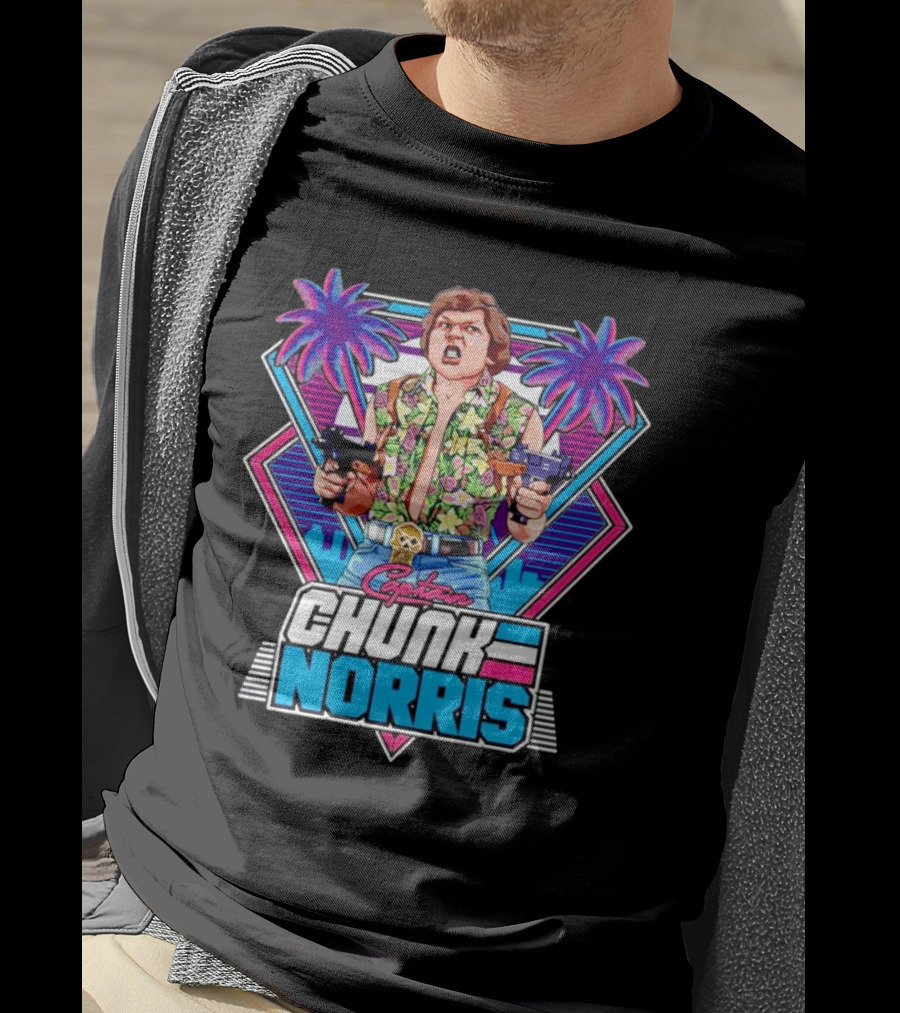 Captain Chunk Norris Retro Miami Vice Styled Character With Dual Pistols And Neon Palm Trees T-Shirt