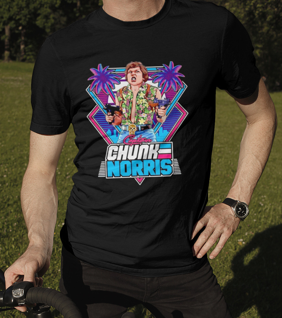 Captain Chunk Norris Retro Miami Vice Styled Character With Dual Pistols And Neon Palm Trees T-Shirt