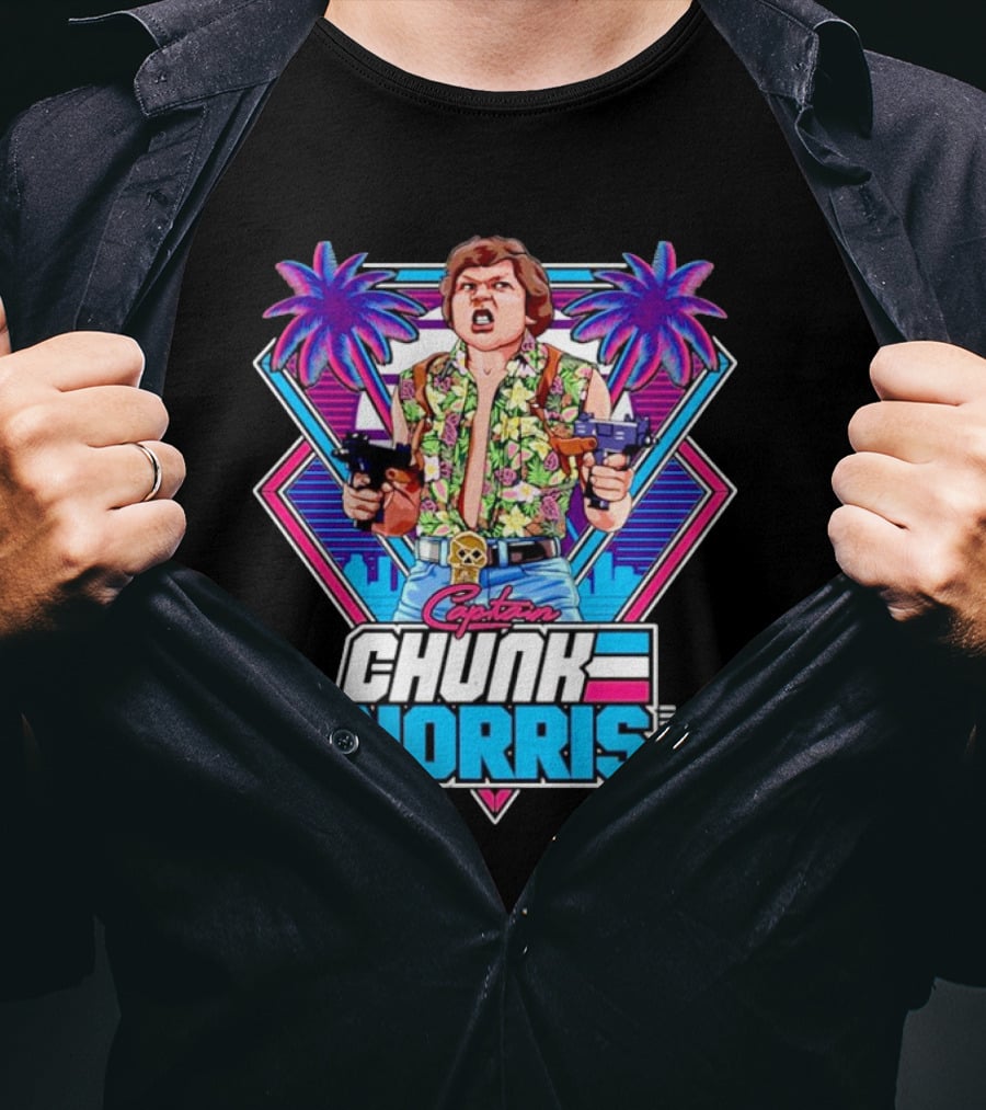 Captain Chunk Norris Retro Miami Vice Styled Character With Dual Pistols And Neon Palm Trees T-Shirt