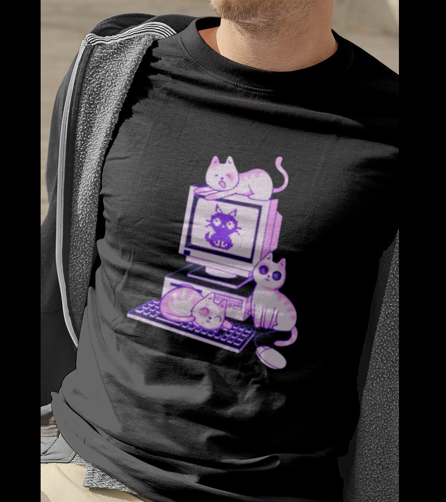 Cats Over Retro Computer With Pixel Art Cat On Screen T-Shirt