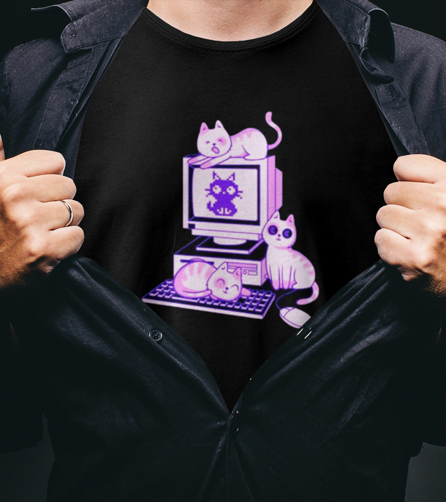 Cats Over Retro Computer With Pixel Art Cat On Screen T-Shirt
