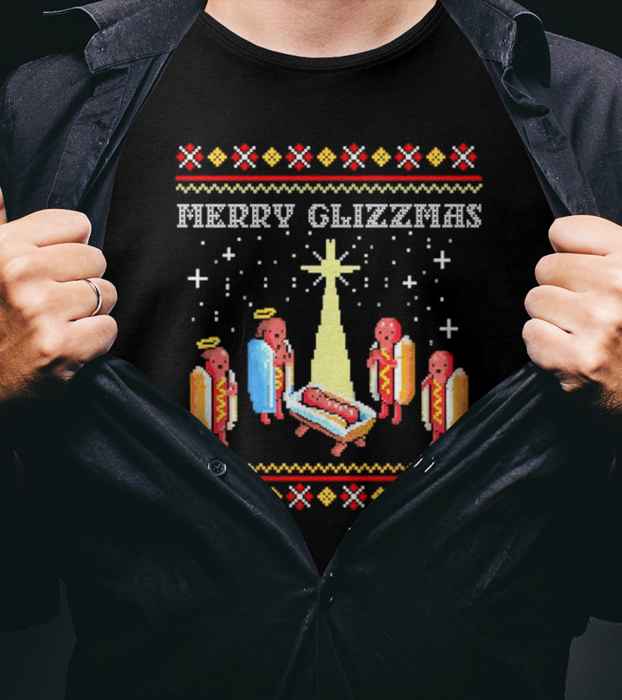 Merry Glizzmas Nativity Hot Dog Angels Scene Ugly Christmas T-Shirt