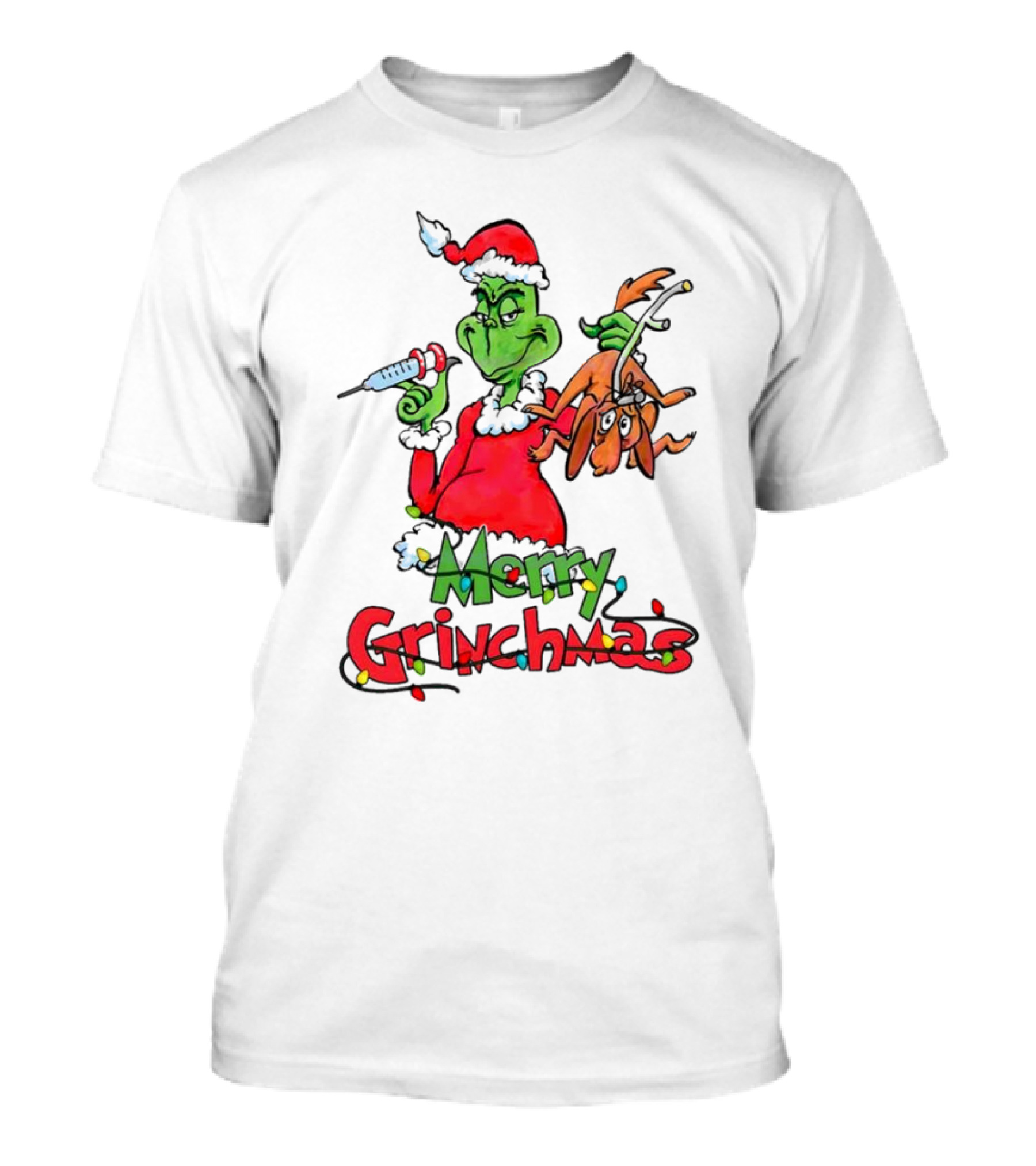 Merry Grinchmas Nurse Christmas Grinch With Syringe And Reindeer Dog T-Shirt