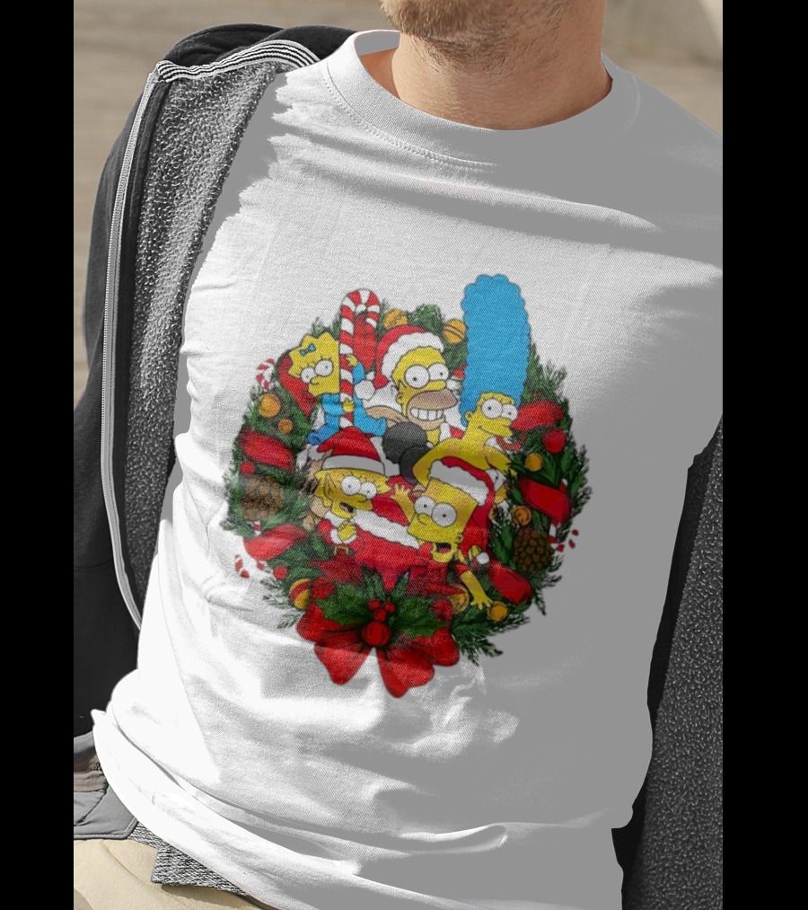 The Simpsons Holiday Wreath With Santa Hats And Candy Canes T-Shirt