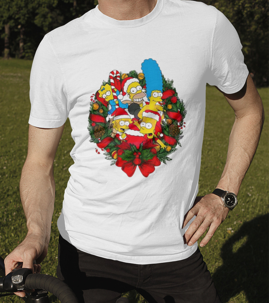 The Simpsons Holiday Wreath With Santa Hats And Candy Canes T-Shirt
