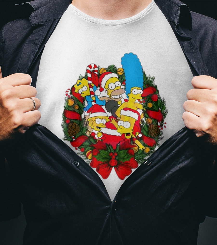 The Simpsons Holiday Wreath With Santa Hats And Candy Canes T-Shirt