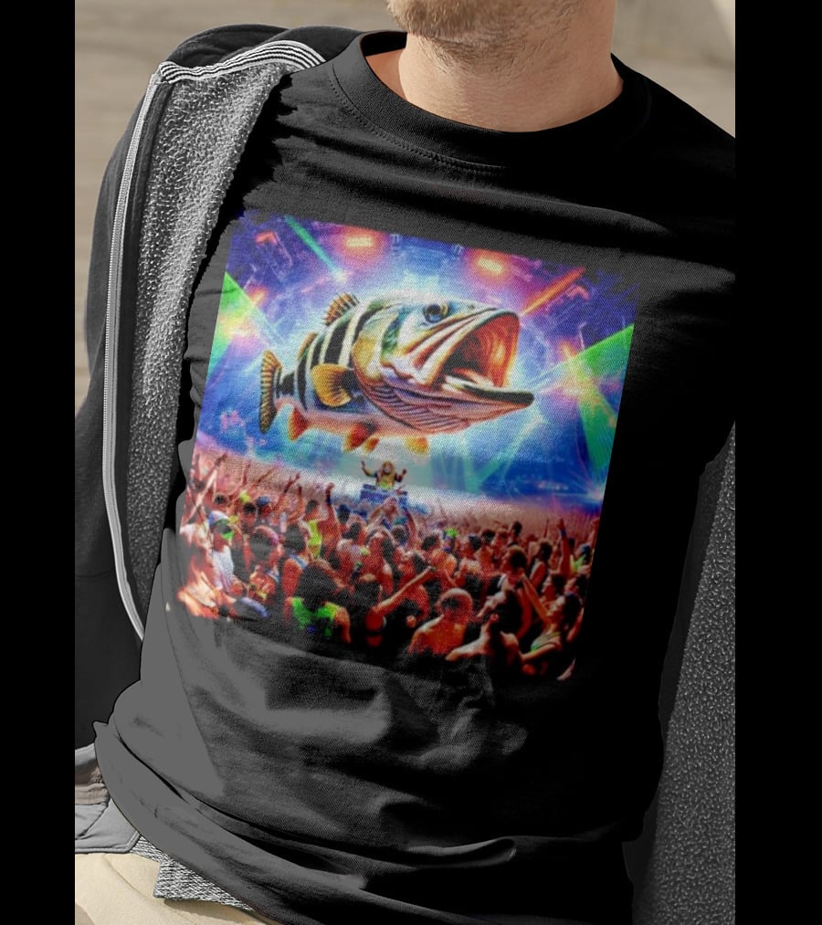 When The Bass Drops With Giant Fish Over Rave Crowd T-Shirt