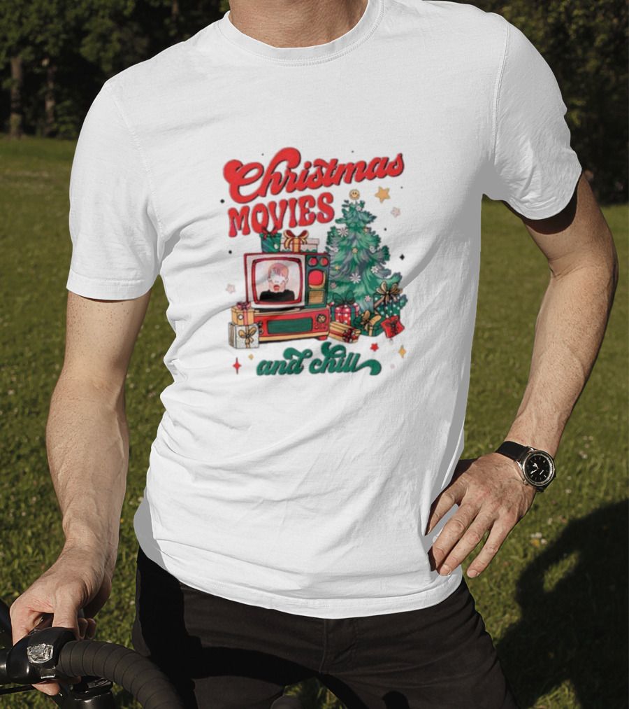 Christmas Movies And Chill Retro TV Christmas Tree Presents T-Shirt