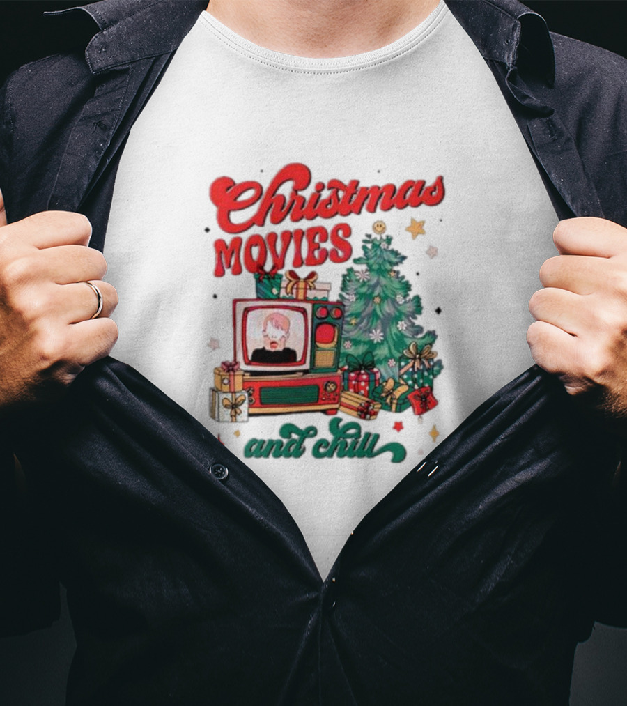 Christmas Movies And Chill Retro TV Christmas Tree Presents T-Shirt