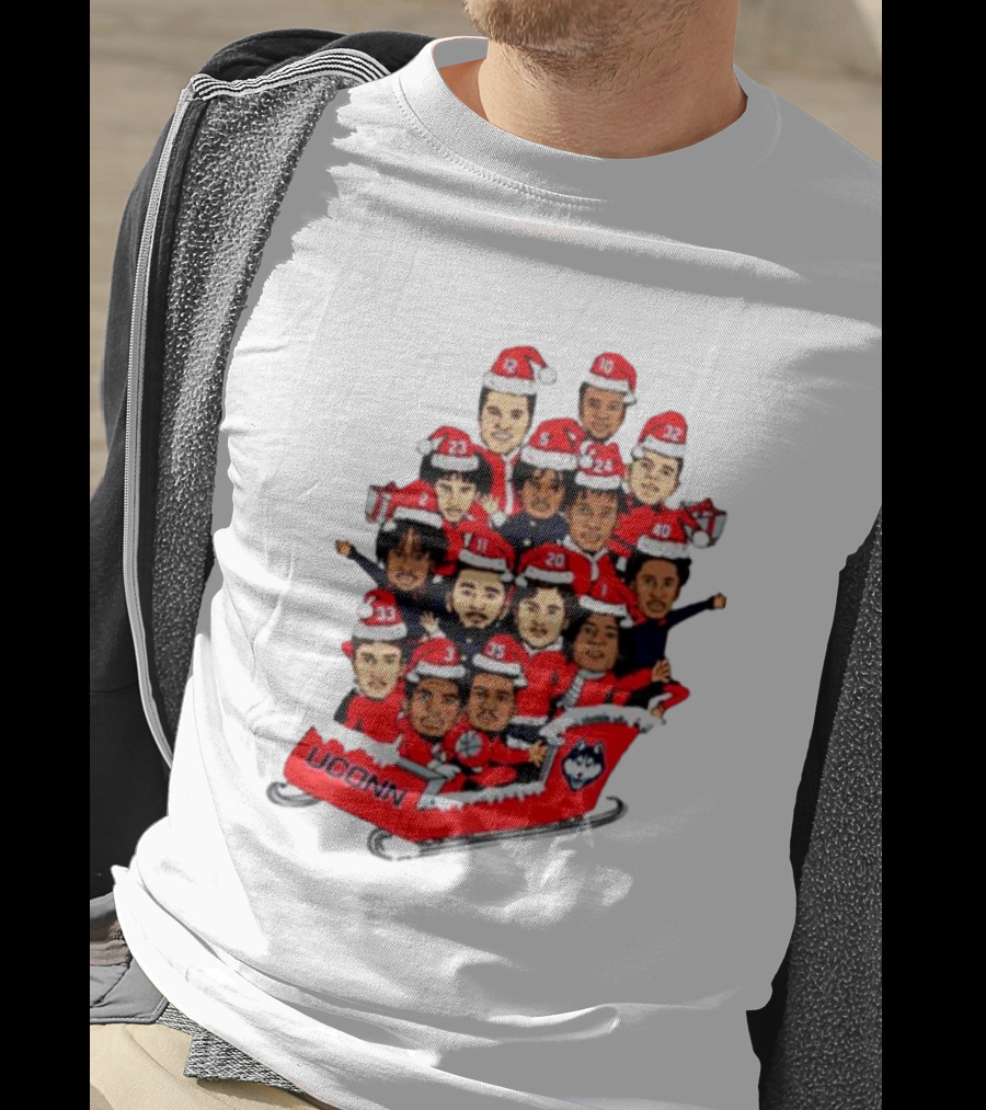 UConn Huskies Christmas Cartoon Sled Team Santa Hats T-Shirt