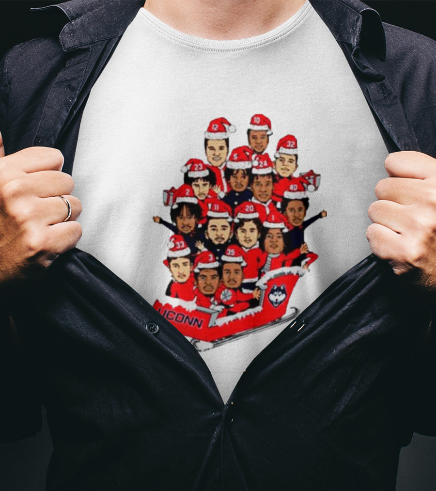 UConn Huskies Christmas Cartoon Sled Team Santa Hats T-Shirt