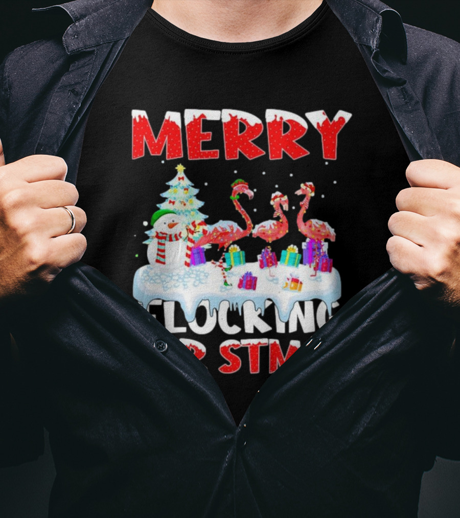 Merry Flocking Christmas Flamingo And Snowman Festive T-Shirt