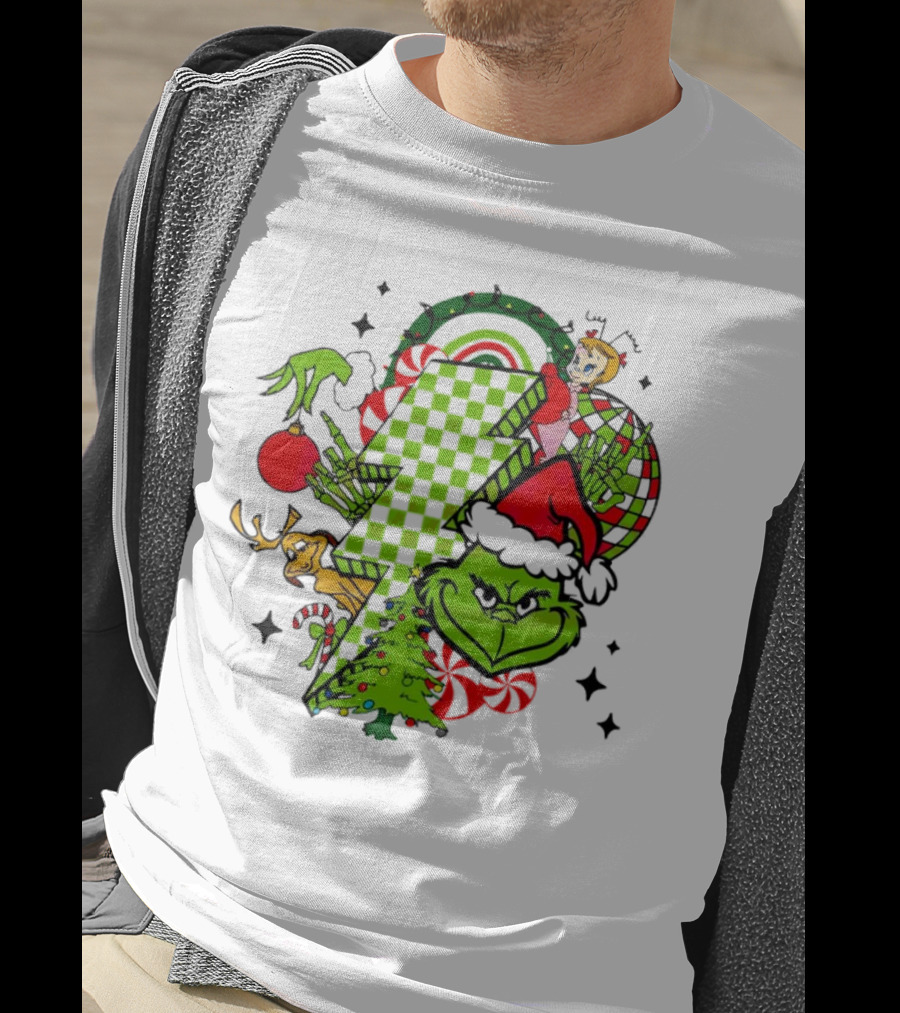 Grinch Christmas Checkered Lightning Bolt With Friends And Festive Decorations T-Shirt