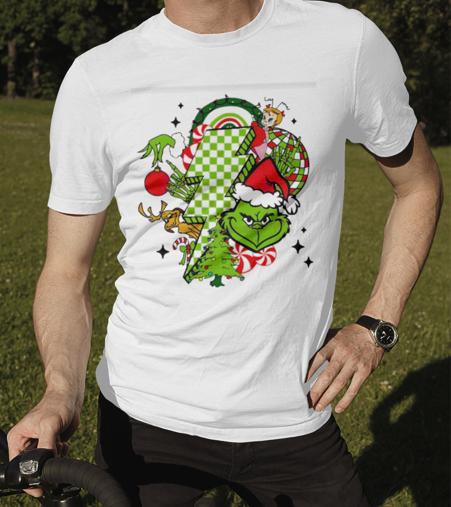 Grinch Christmas Checkered Lightning Bolt With Friends And Festive Decorations T-Shirt