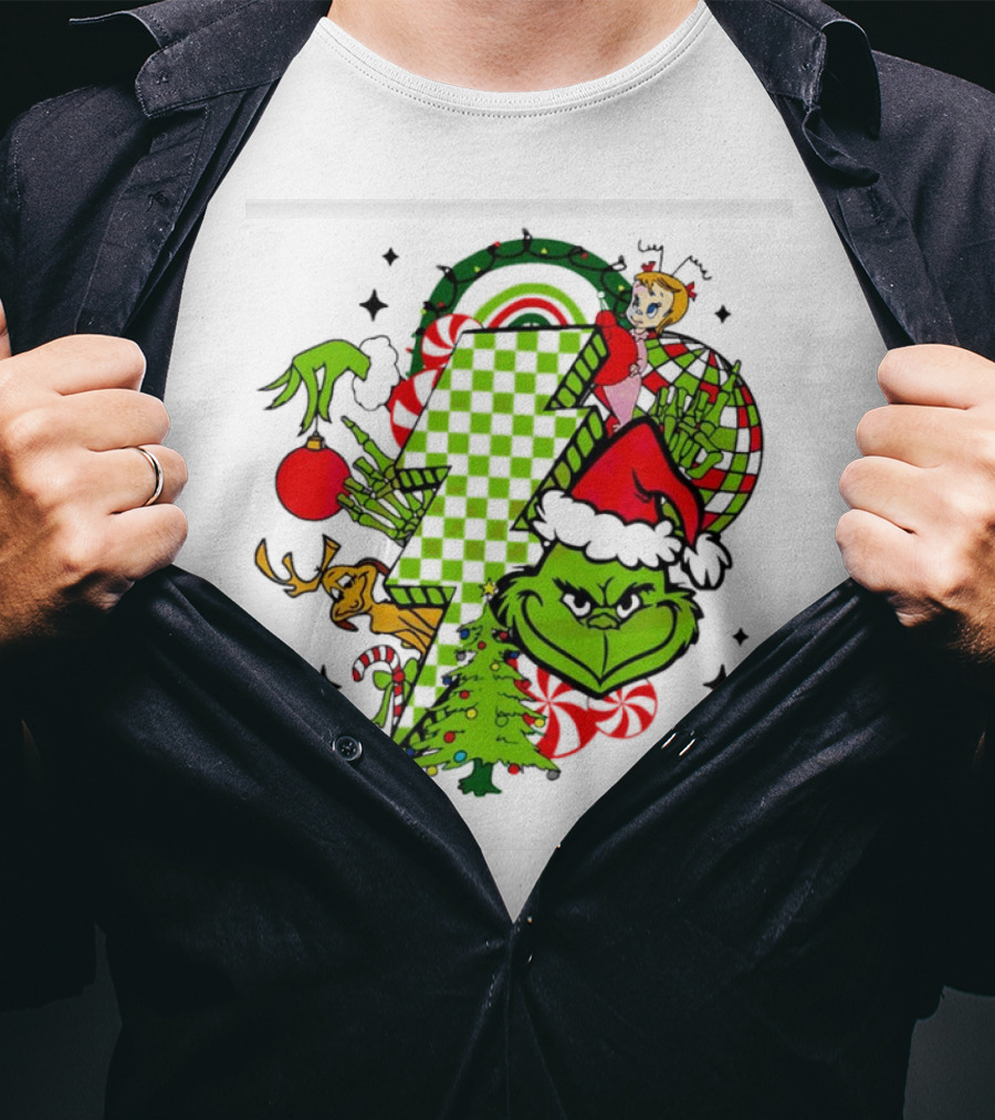 Grinch Christmas Checkered Lightning Bolt With Friends And Festive Decorations T-Shirt