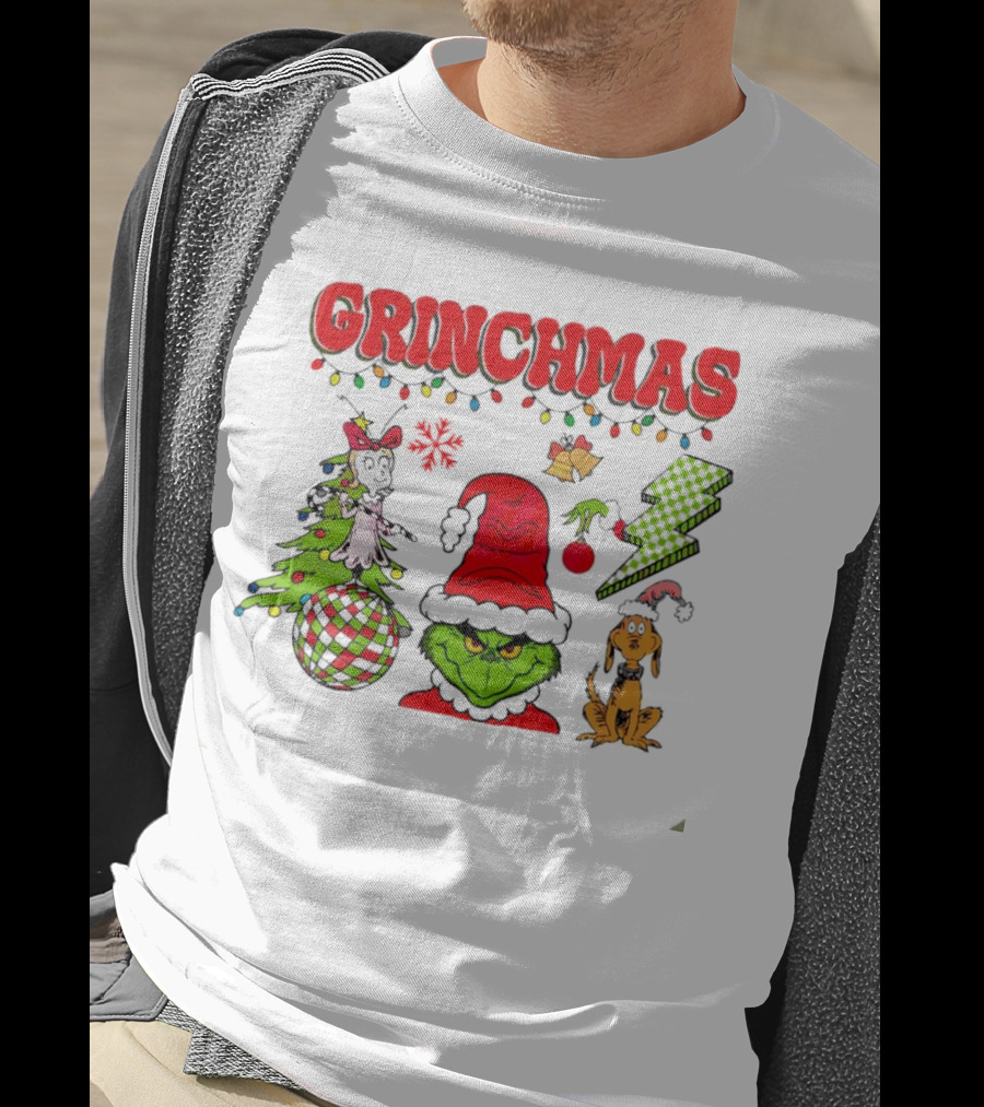 Grinch Grinchmas Red Hat Christmas Tree Max Dog Lightning Bolt Ornaments T-Shirt