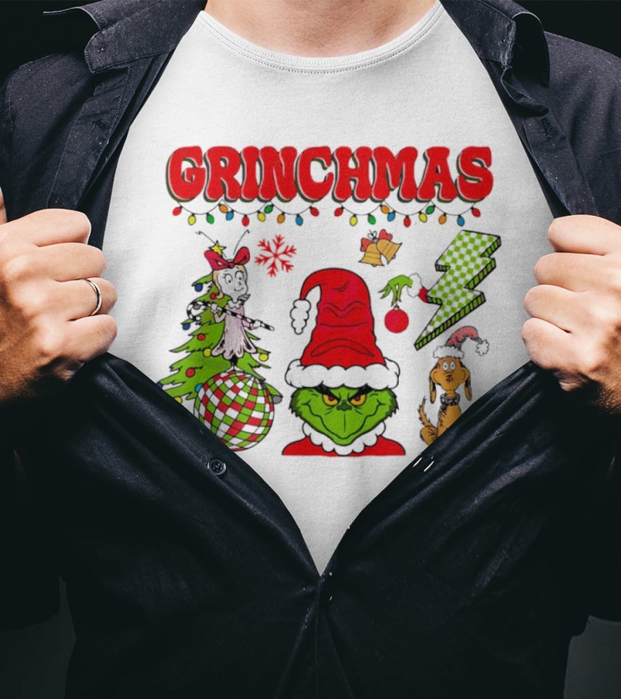 Grinch Grinchmas Red Hat Christmas Tree Max Dog Lightning Bolt Ornaments T-Shirt