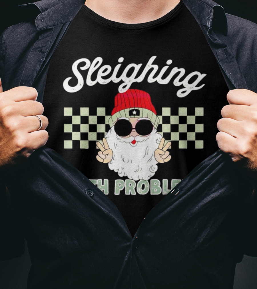 Sleighing Math Problems Santa Peace Sign Checkered Background T-Shirt