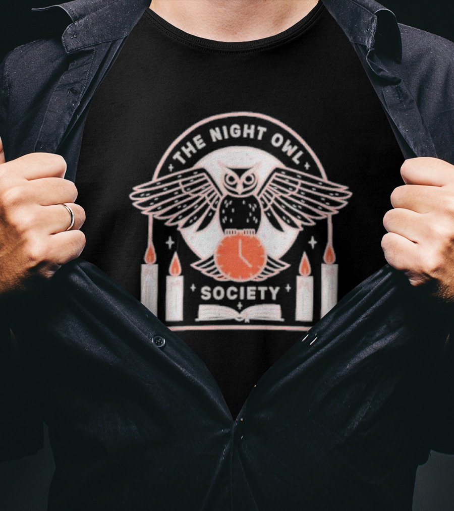 The Night Owl Society Midnight Clock With Candles And Book T-Shirt