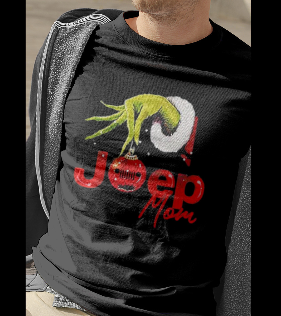 Grinch Hand With Santa Hat Holding Christmas Ornament Jeep Mom T-Shirt