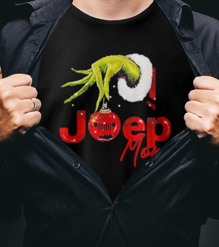 Grinch Hand With Santa Hat Holding Christmas Ornament Jeep Mom T-Shirt