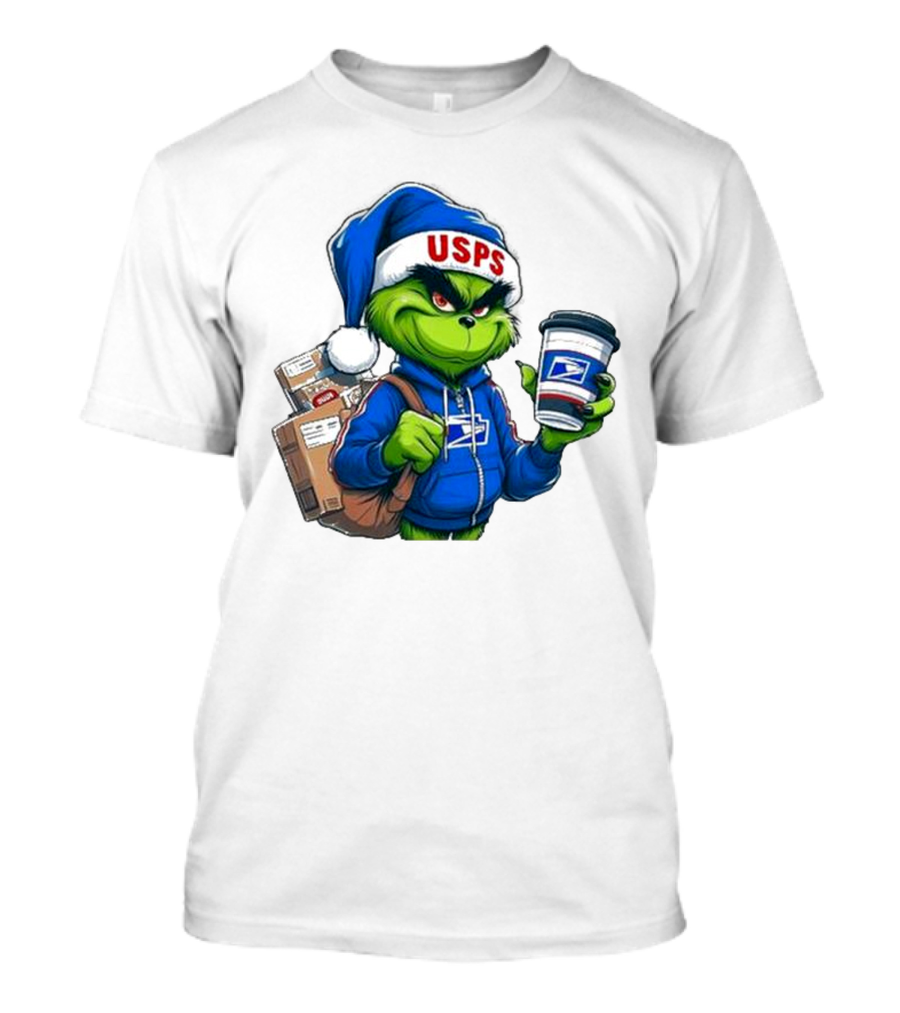 USPS Grinch Merry Christmas Delivery With Packages And Coffee T-Shirt