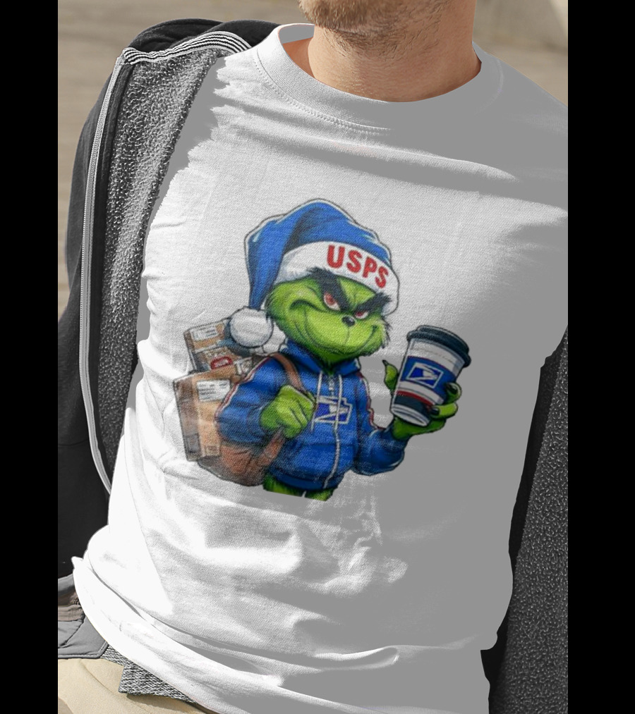 USPS Grinch Merry Christmas Delivery With Packages And Coffee T-Shirt