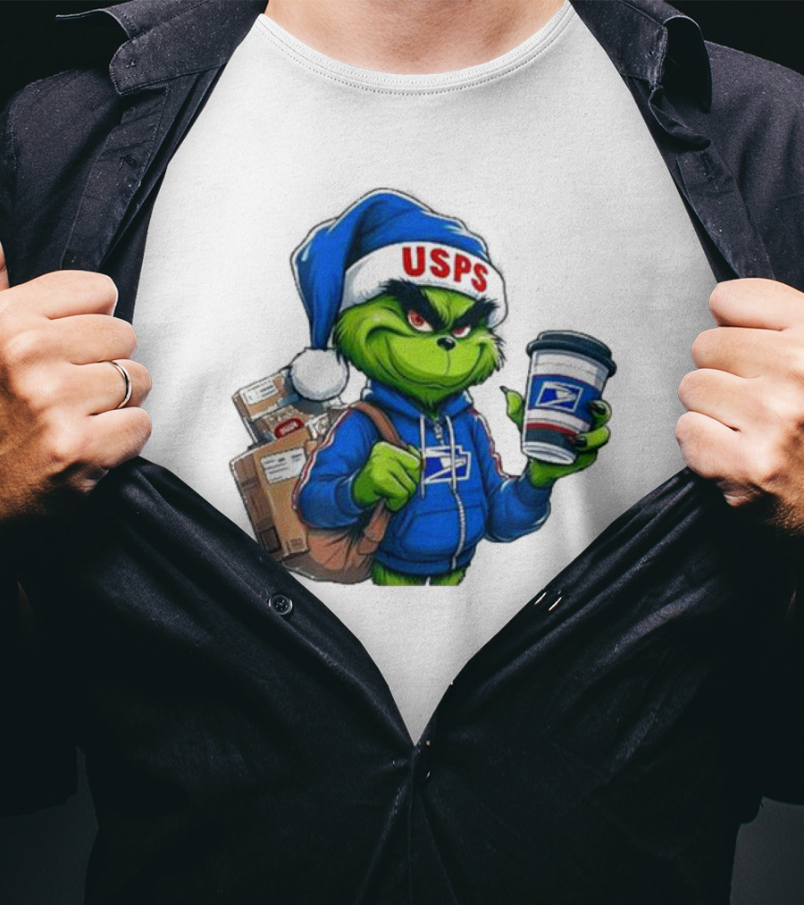 USPS Grinch Merry Christmas Delivery With Packages And Coffee T-Shirt