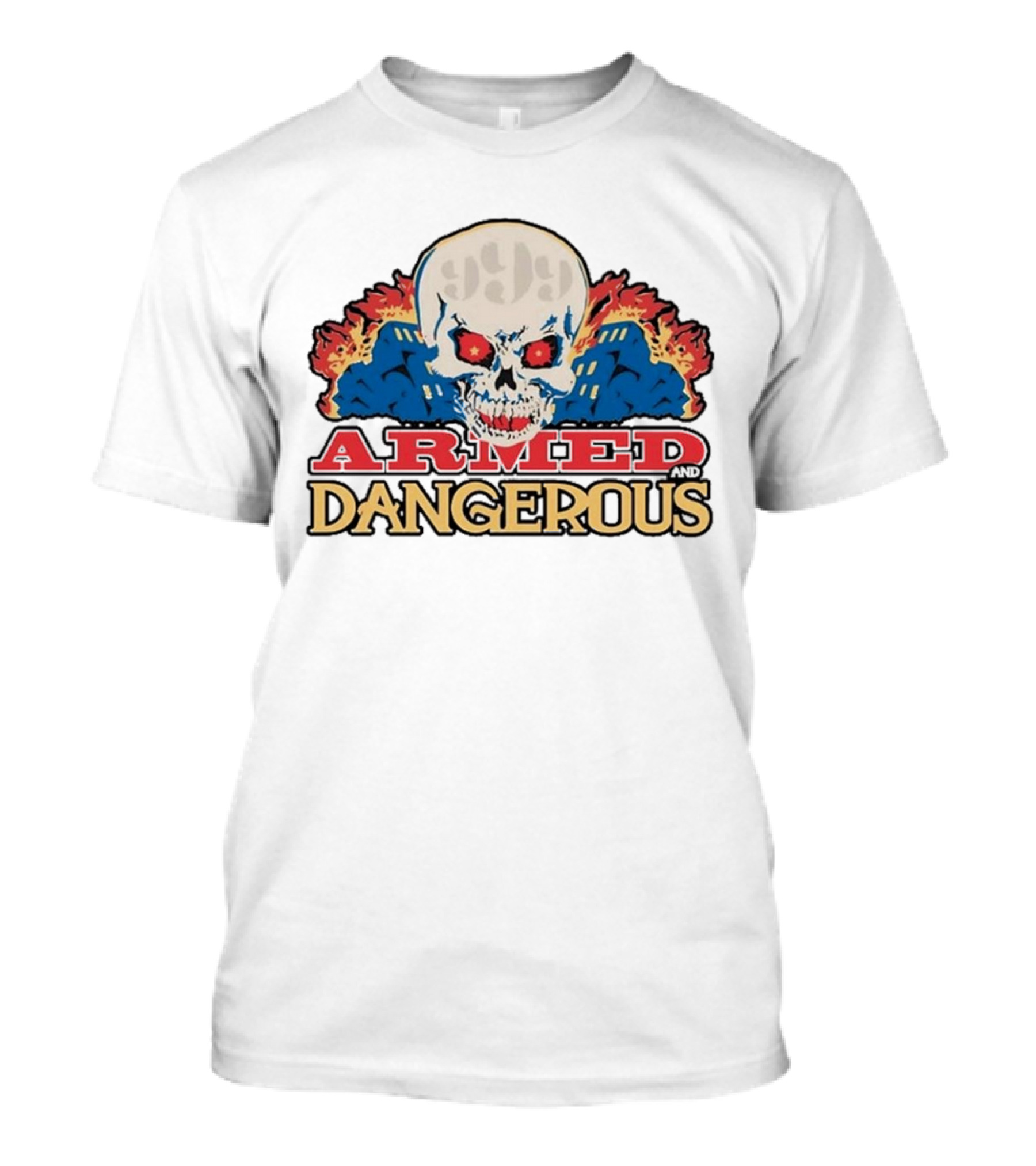 999 Club Armed And Dangerous Skull With Red Eyes And Flames T-Shirt