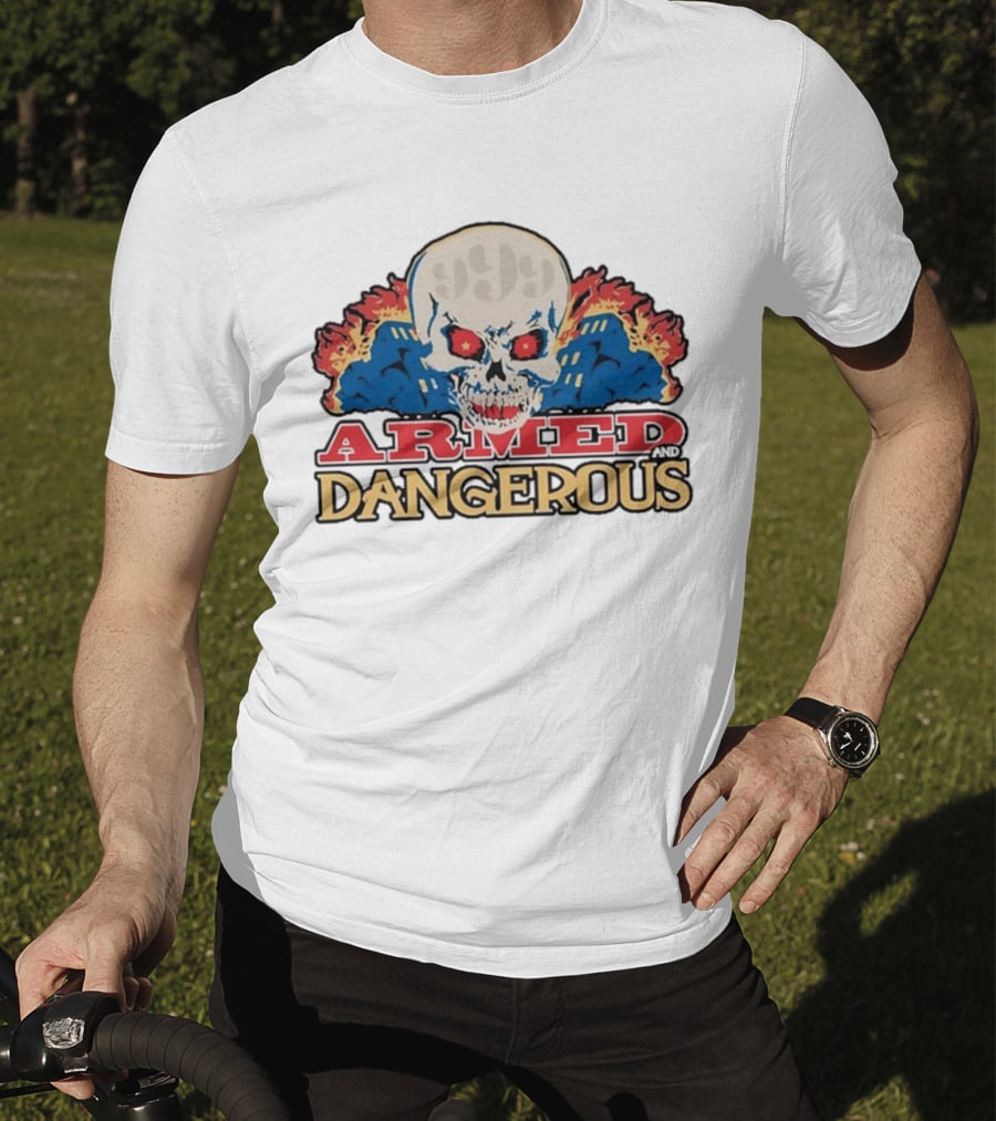 999 Club Armed And Dangerous Skull With Red Eyes And Flames T-Shirt