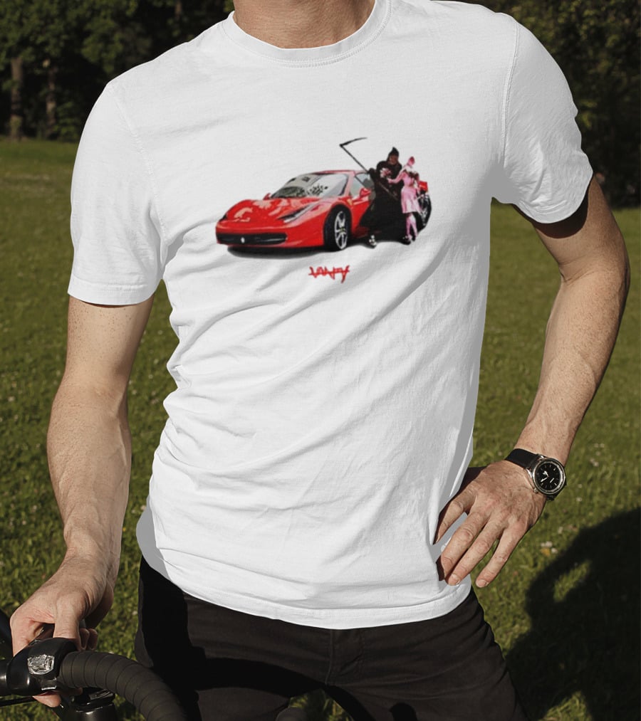 Club Scared Of Love Red Sports Car And Grim Reaper With Pink Figure T-Shirt