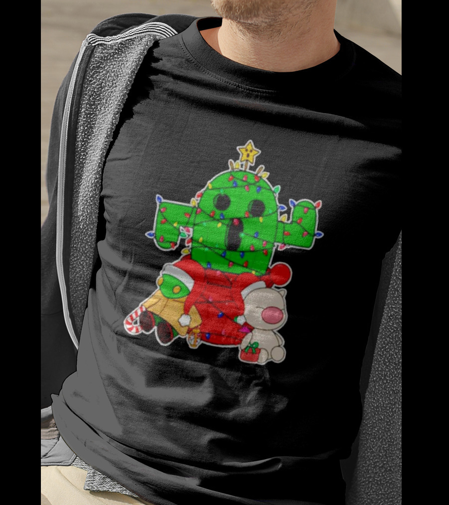 Christmas Moogle Cactuar Wrapped In Lights Star Topped Festive Scene T-Shirt