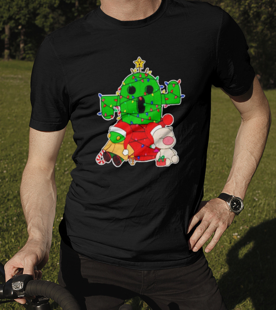 Christmas Moogle Cactuar Wrapped In Lights Star Topped Festive Scene T-Shirt