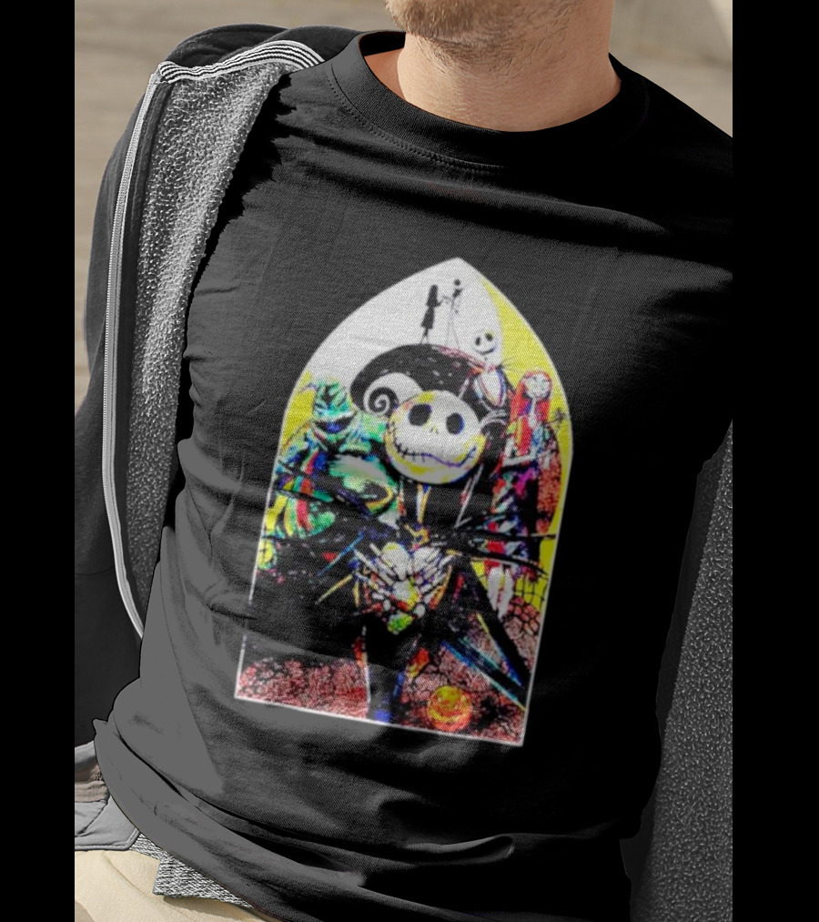 Jack Skellington And Friends Stained Glass Style Scene From The Nightmare Before Christmas T-Shirt