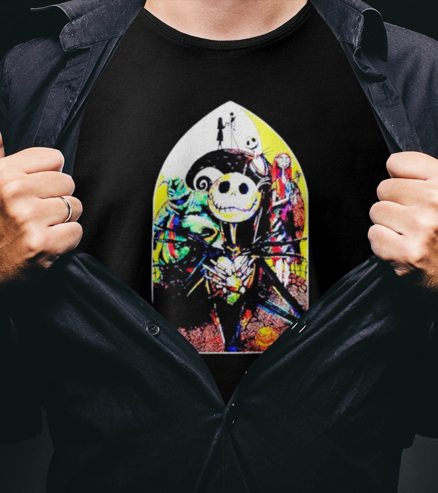 Jack Skellington And Friends Stained Glass Style Scene From The Nightmare Before Christmas T-Shirt