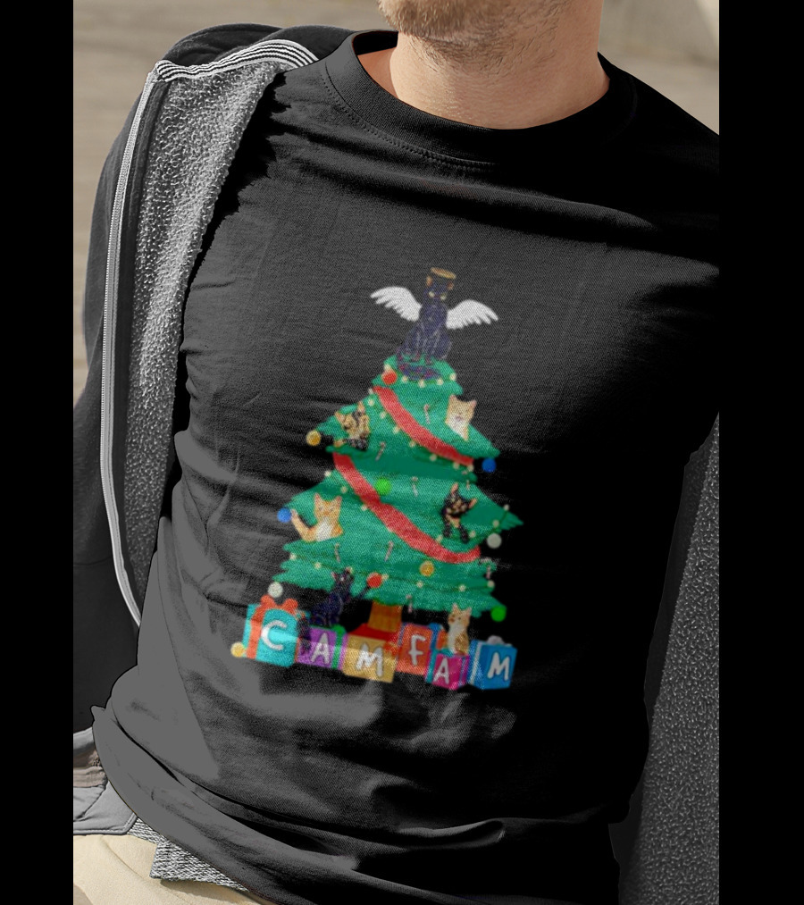 Cam Fam Christmas Tree With Cats And Holiday Blocks T-Shirt