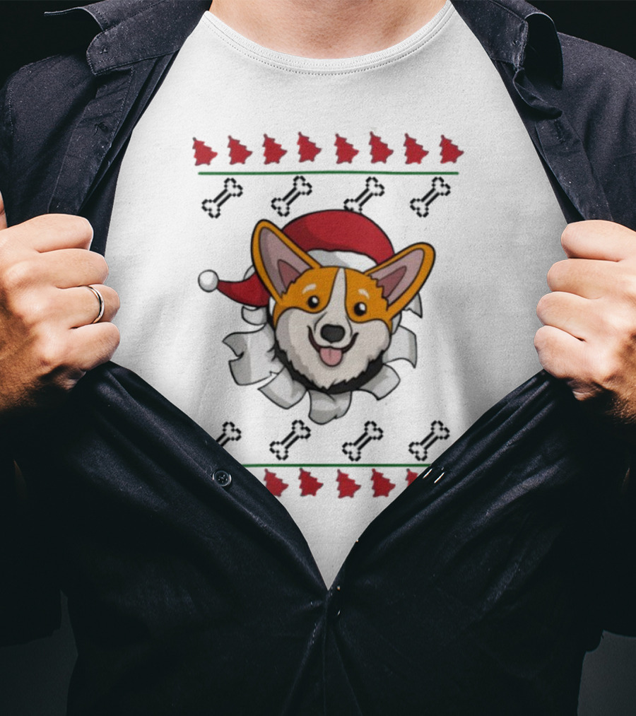 Corgi Surprise Christmas Santa Hat Bone T-Shirt