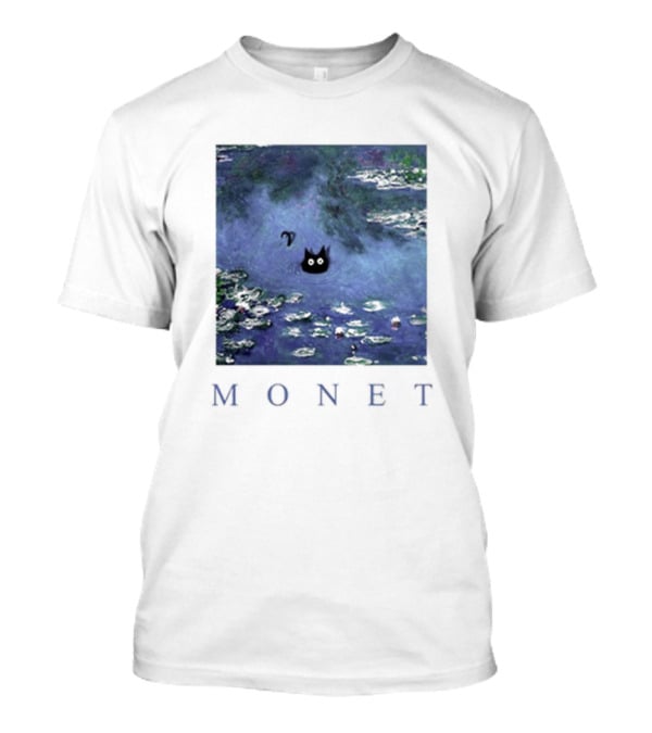 Monet Waterlily Black Cat In Pond With Monet Text T-Shirt